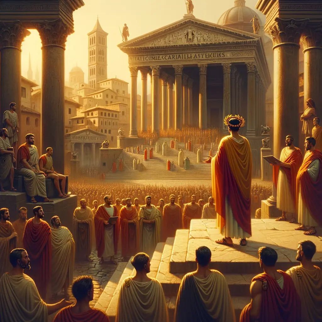 Augustus Caesar addressing a gathering of senators and citizens in the Roman Forum, depicting the transformation from the Roman Republic to Empire in a cinematic 1960s historical style.