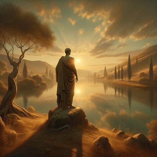 A Stoic philosopher in a toga stands by a calm lake at sunrise, symbolizing inner peace, depicted in a style reminiscent of 1960s historical epics.