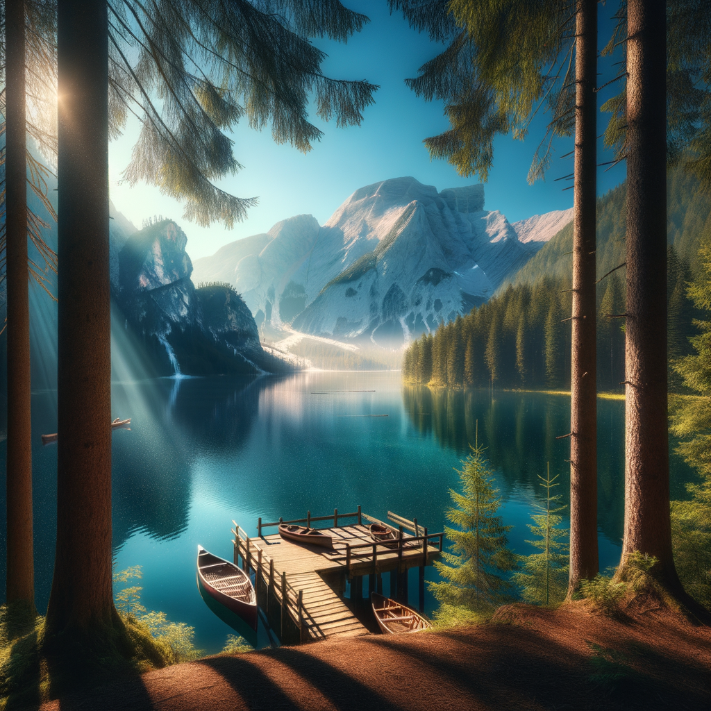 A calm lake scene with a dock, canoe, and mountains in the background.