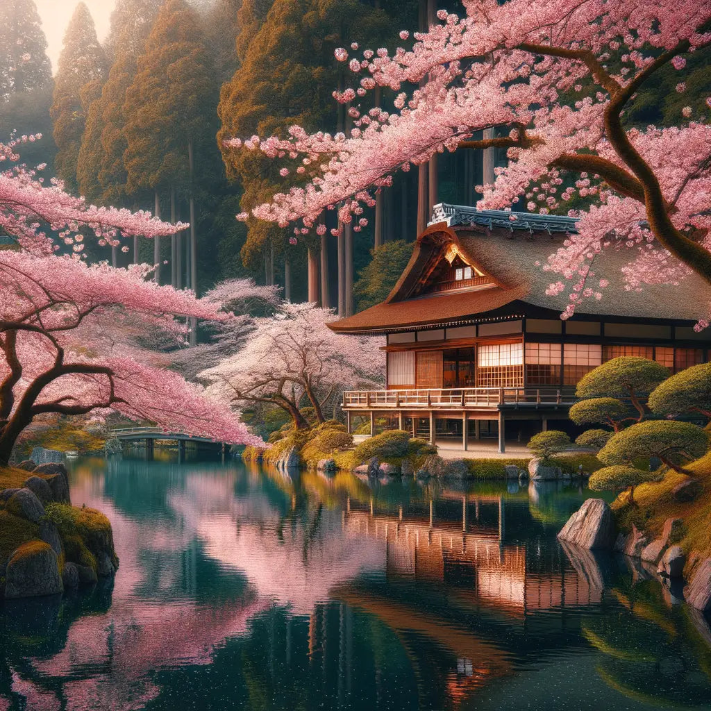 Traditional Japanese landscape with cherry blossoms and a tea house