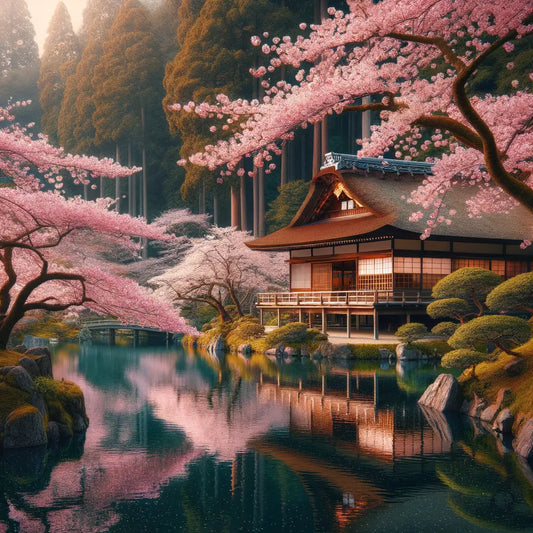 Traditional Japanese landscape with cherry blossoms and a tea house