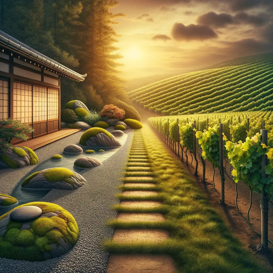A Zen garden and vineyard representing Buddhism and Stoicism, capturing meditation essence in a cinematic 1960s style.