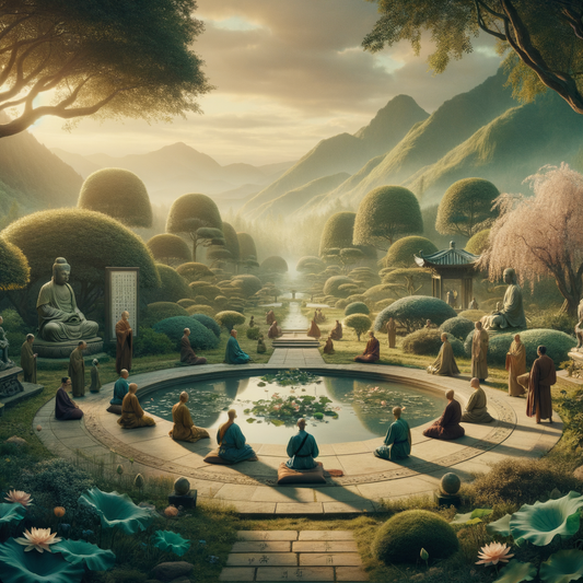 Serene garden scene blending Buddhist and Stoic elements, with philosophical symbols and warm lighting, inspired by 1960s historical epic films.