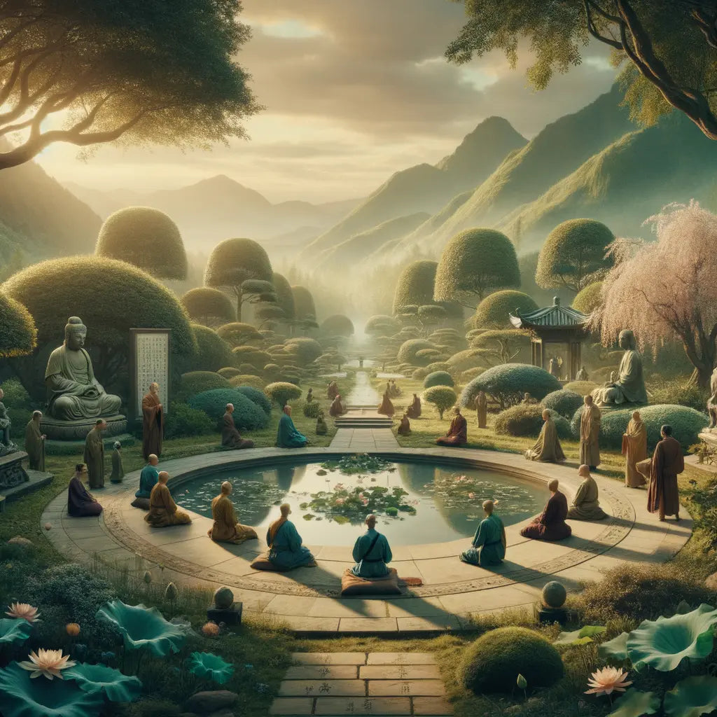 Serene garden scene blending Buddhist and Stoic elements, with philosophical symbols and warm lighting, inspired by 1960s historical epic films.