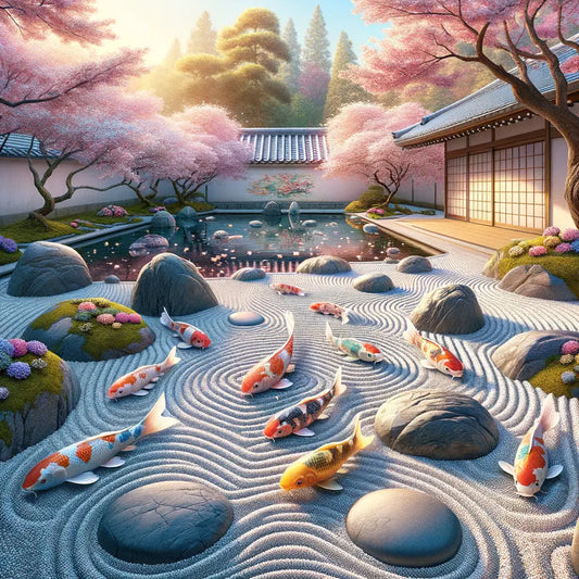 A serene view of a traditional Japanese Zen garden featuring raked gravel and cherry blossoms.