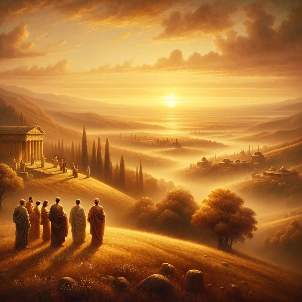 Marcus Aurelius and Roman philosophers at sunrise, reflecting Stoic appreciation in a serene, 1960s epic film style.
