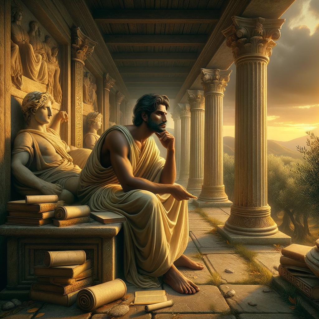 An Ancient Greek philosopher in a toga seated in a stone pavilion, with scrolls in hand, gazing thoughtfully towards the horizon, surrounded by Greek columns and statues, symbolizing wisdom and timeless Stoic philosophy.