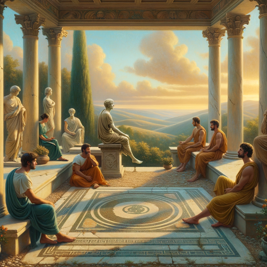 Roman philosophers engaging in quiet conversation on a terrace with a view of rolling hills, inspired by 1960s historical film style.