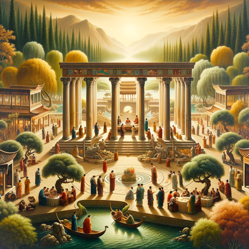 A serene painting depicting a blend of an ancient Greek marketplace and a tranquil Chinese river, symbolizing Stoicism and Taoism.