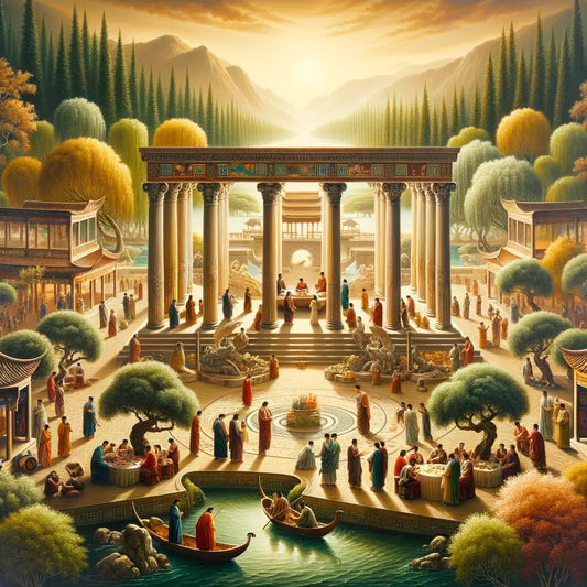 A serene painting depicting a blend of an ancient Greek marketplace and a tranquil Chinese river, symbolizing Stoicism and Taoism.