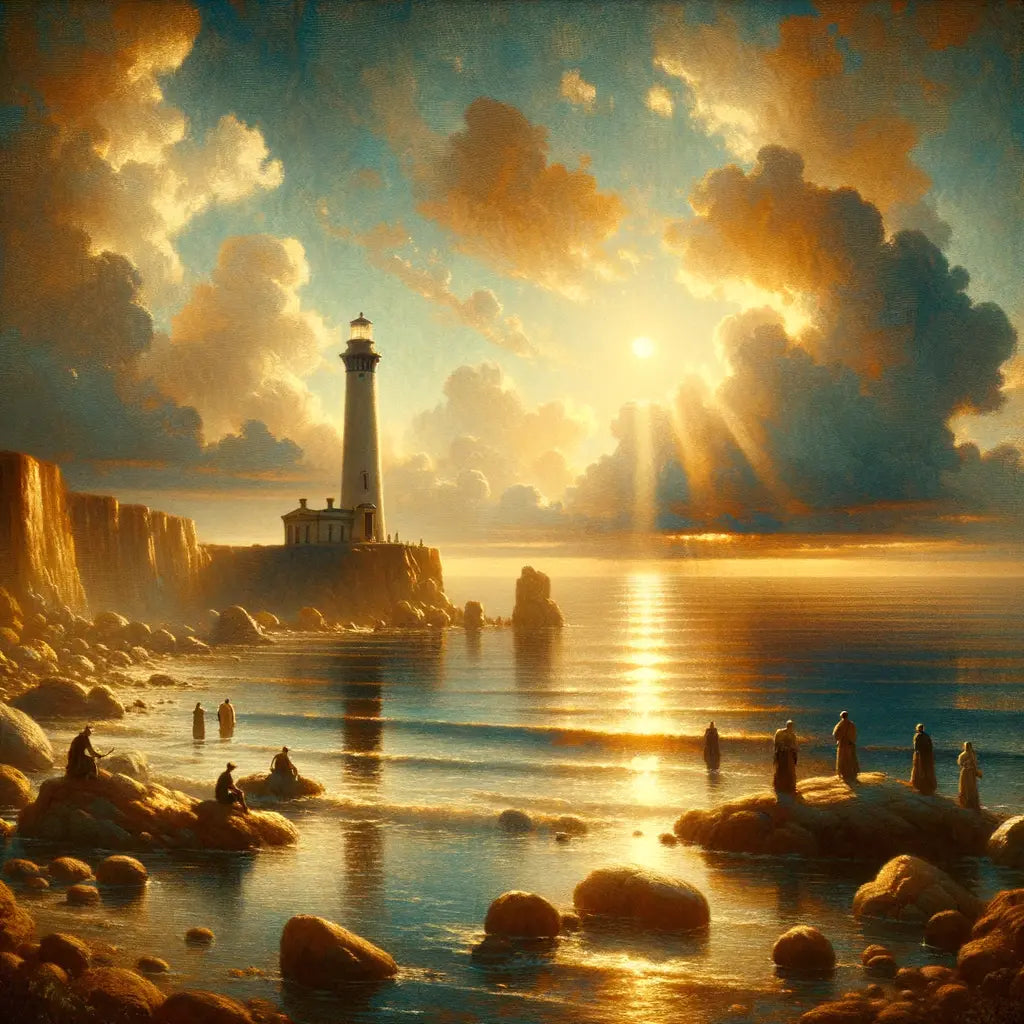 A serene coastal scene with calm waters and a majestic lighthouse, inspired by the style of classic historical films, symbolizing emotional stoicism and tranquility.