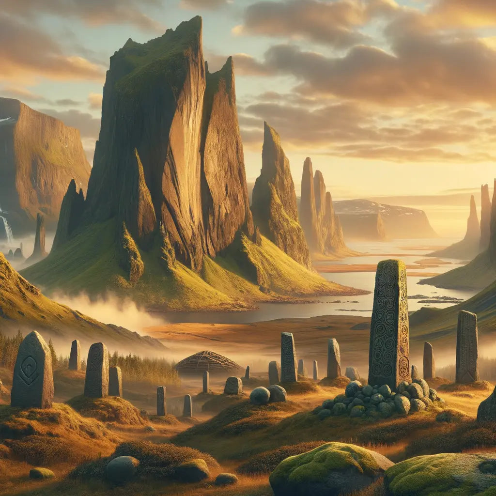 Panoramic view of Scandinavian landscape with rugged Norwegian cliffs, Swedish rune stones, Danish burial mounds, Icelandic volcanic vistas, and Finnish folkloric elements.