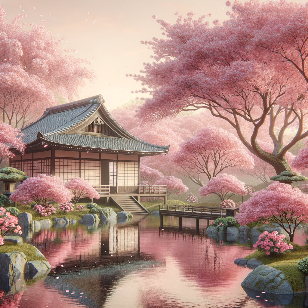A traditional Japanese tea house amidst cherry blossoms in a minimalistic style.
