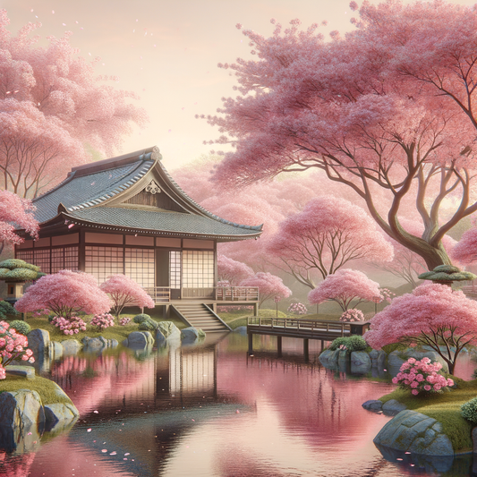 A traditional Japanese tea house amidst cherry blossoms in a minimalistic style.