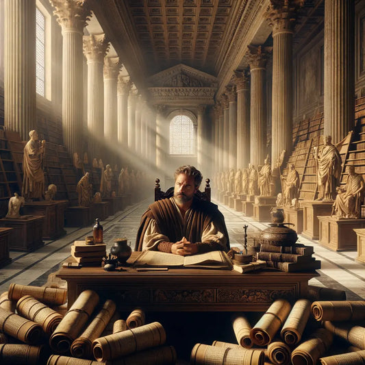 Bill Gates in a Roman-style study surrounded by ancient books and scrolls, symbolizing a Stoic pursuit of wisdom, in a cinematic painting style.