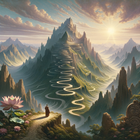 Serene mountain landscape with two paths symbolizing Buddhism and Stoicism, featuring a lotus and a meditating stoic figure, inspired by classic 1960s film epics.