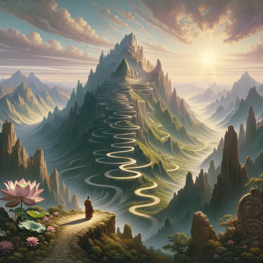 Serene mountain landscape with two paths symbolizing Buddhism and Stoicism, featuring a lotus and a meditating stoic figure, inspired by classic 1960s film epics.