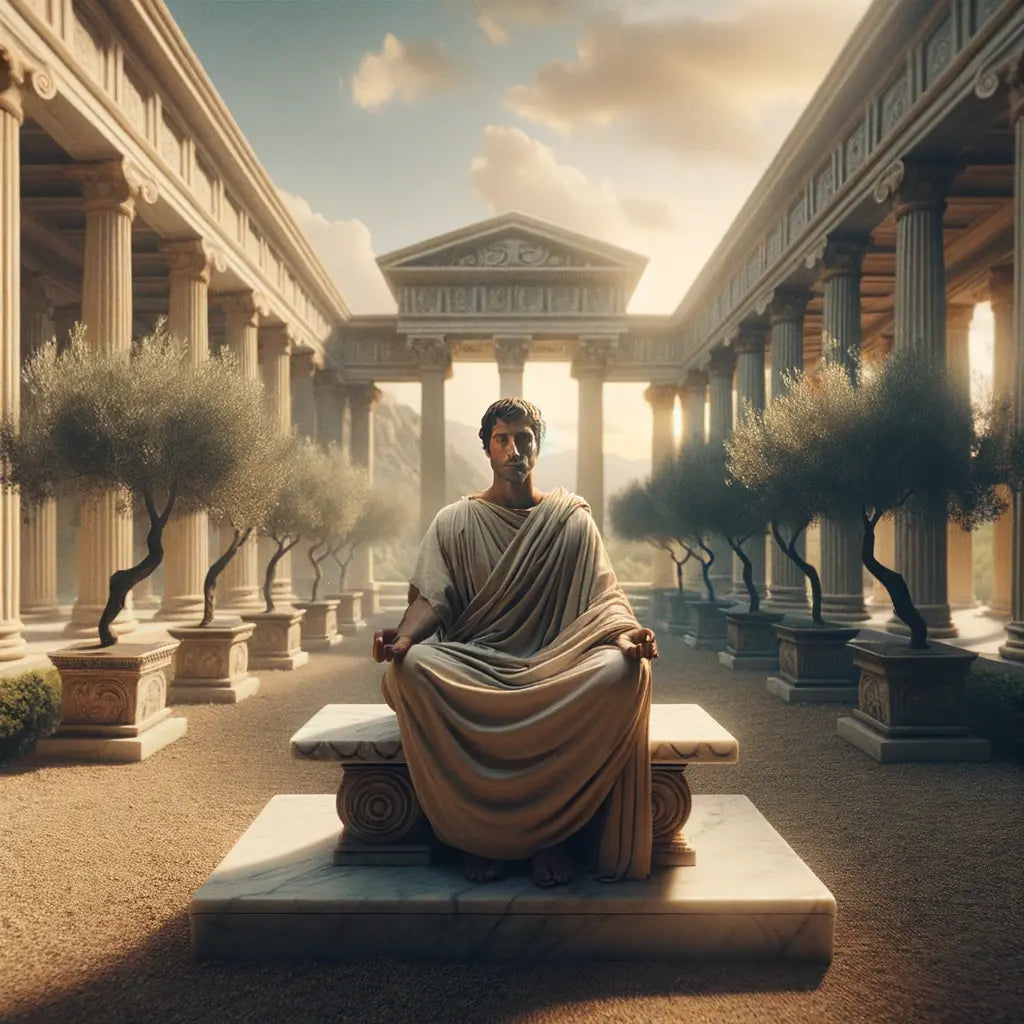 Epictetus in meditation in a serene, minimalist garden, reflecting Stoic philosophy in the style of 1960s historical films.