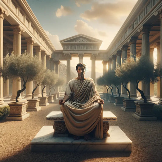 Epictetus in meditation in a serene, minimalist garden, reflecting Stoic philosophy in the style of 1960s historical films.