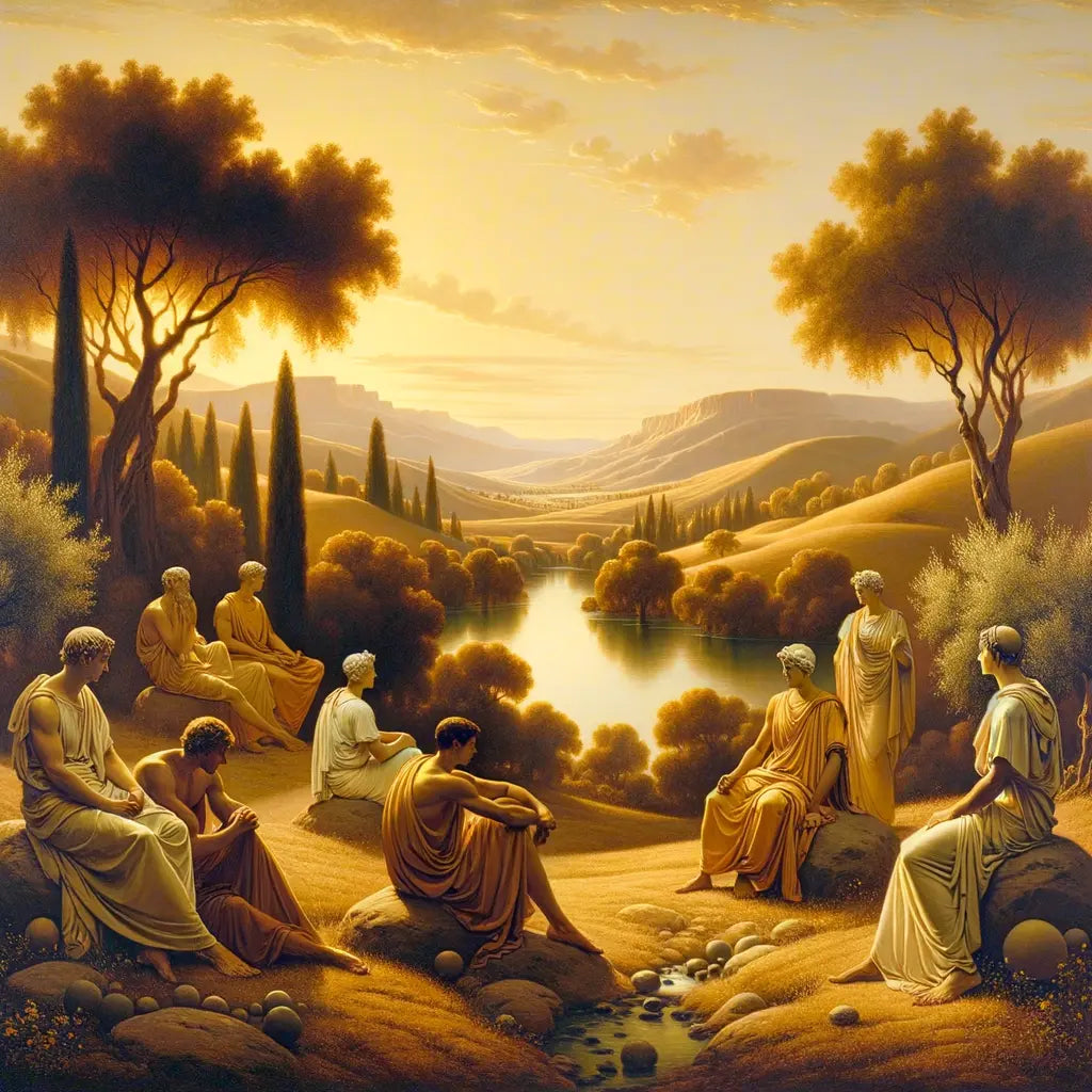 Serene Roman landscape with Stoic philosophers engaged in dialogue, inspired by 1960s historical epic styles.