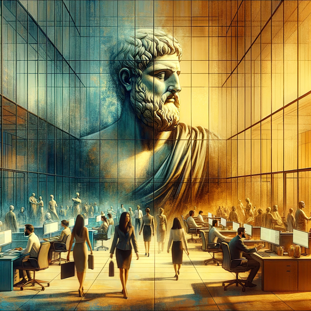 Modern office interior with an ancient Greek philosopher statue in the background, symbolizing the blend of Stoic wisdom and modern business practices, evoking the style of historical film epics.