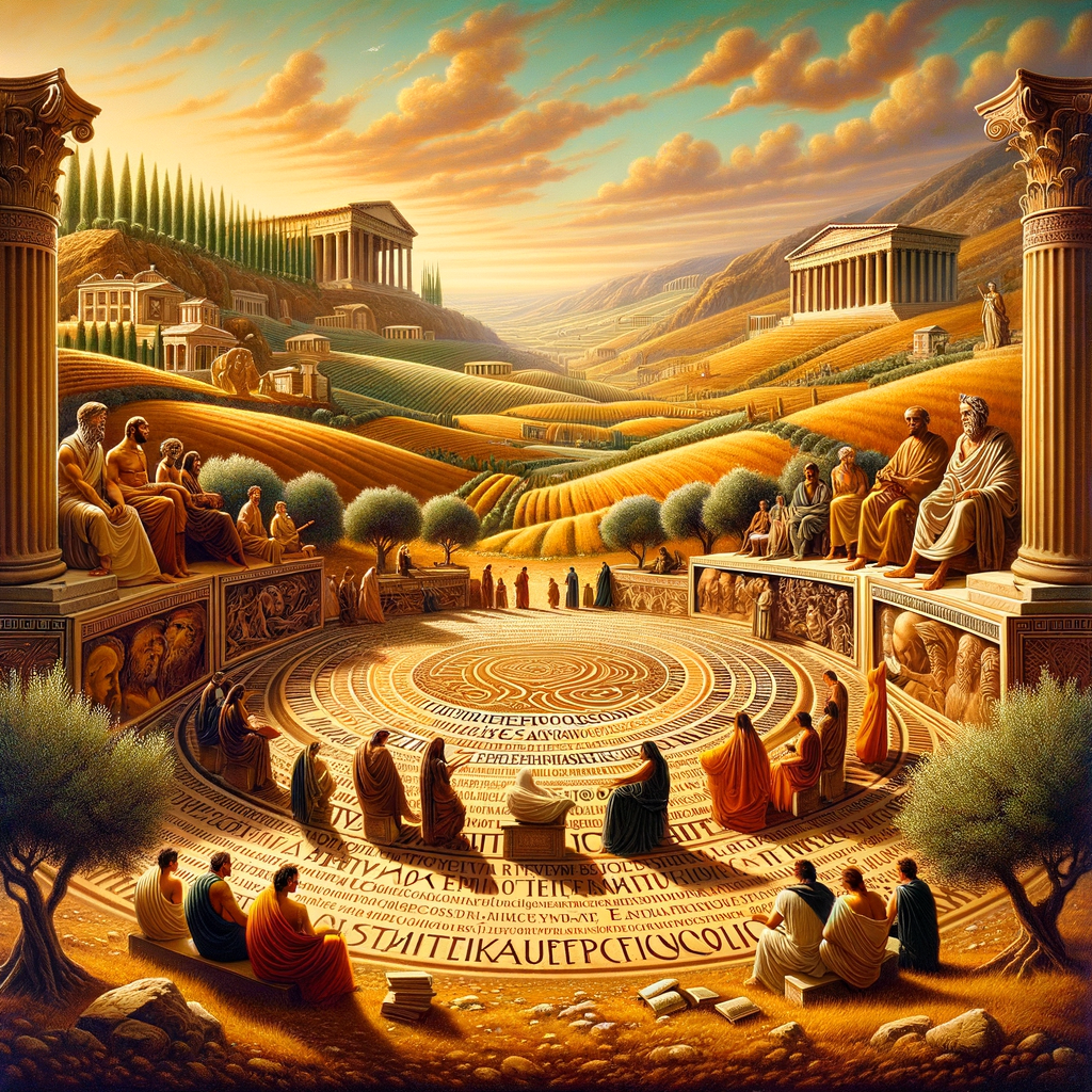 Intertwined ancient Stoic and biblical scrolls in a serene landscape, depicting harmony between philosophies in a style reminiscent of 1960s historical epic films.