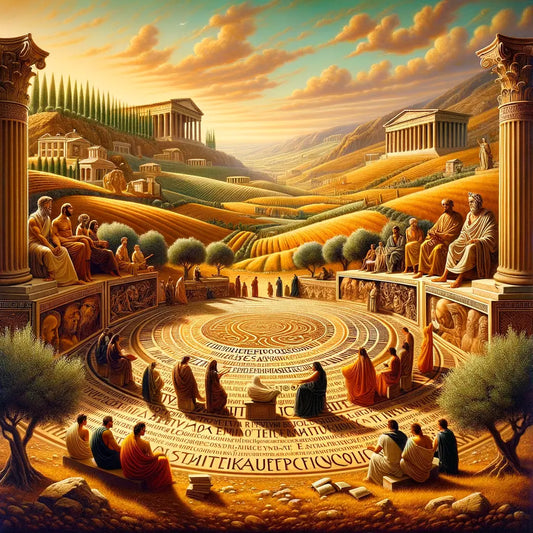 Intertwined ancient Stoic and biblical scrolls in a serene landscape, depicting harmony between philosophies in a style reminiscent of 1960s historical epic films.