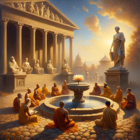Epic painting depicting a symbolic meeting of Stoicism and Buddhism, with Roman philosophers and Buddhist monks in a serene temple courtyard.