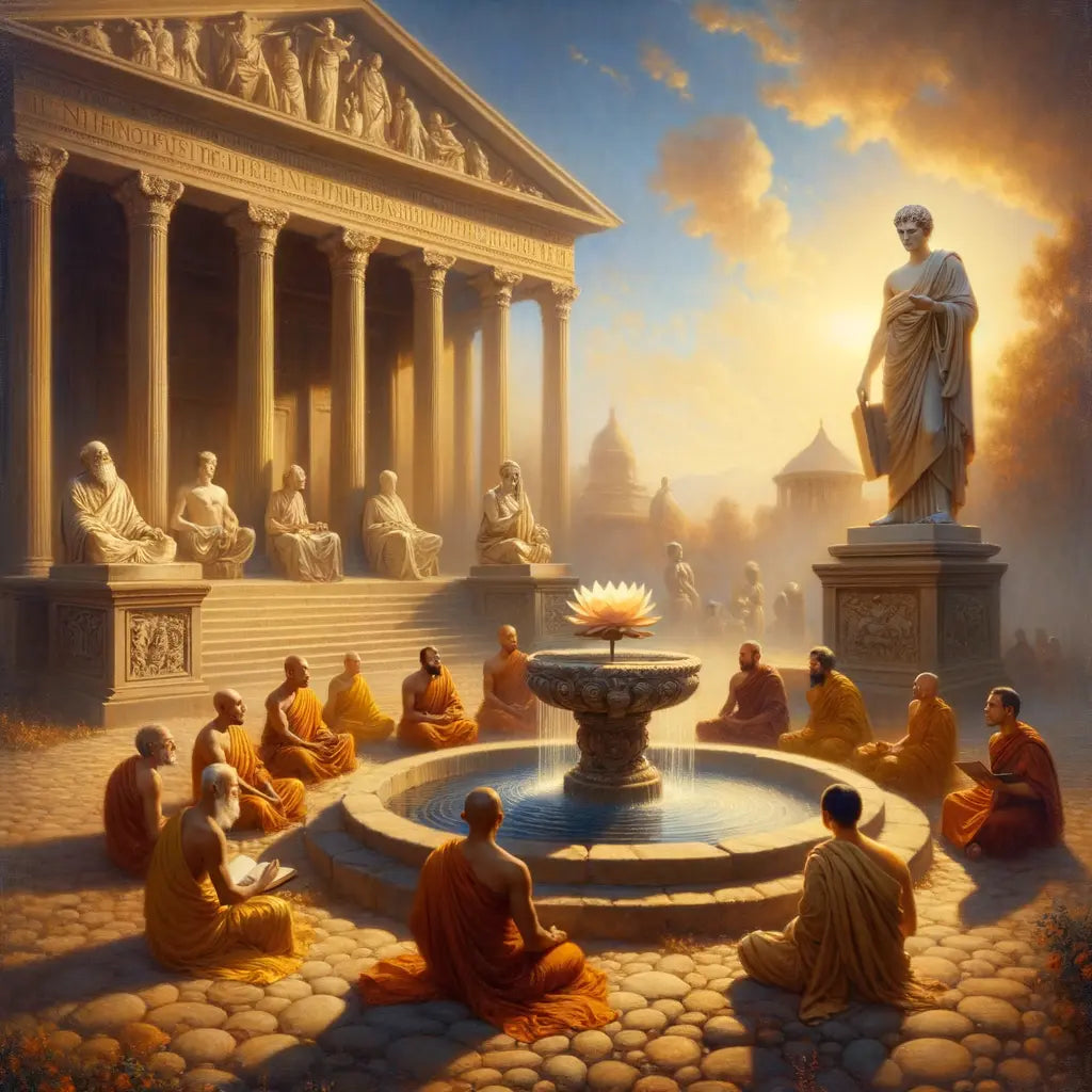 Epic painting depicting a symbolic meeting of Stoicism and Buddhism, with Roman philosophers and Buddhist monks in a serene temple courtyard.