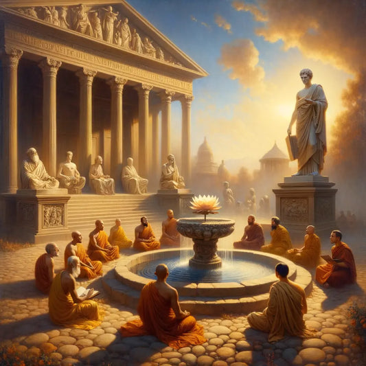 Epic painting depicting a symbolic meeting of Stoicism and Buddhism, with Roman philosophers and Buddhist monks in a serene temple courtyard.