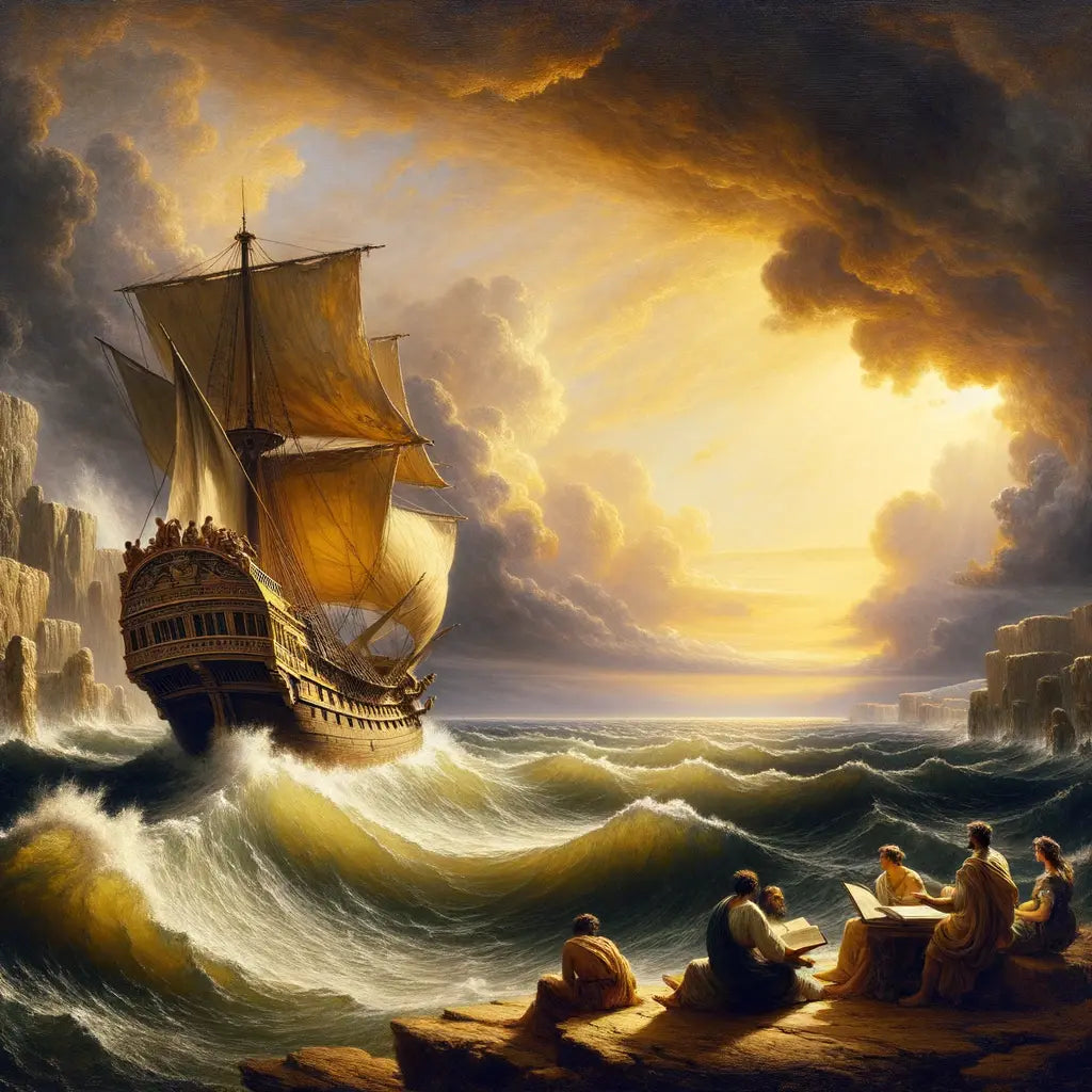 A solitary Roman ship navigates calm amidst stormy seas under a bright sky, symbolizing Stoicism's inner peace.