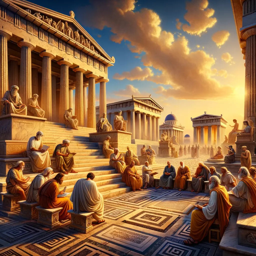 Philosophers in ancient Athens, like Zeno, among symbols of various religions, on a serene sunlit street, inspired by classic 1960s historical films.
