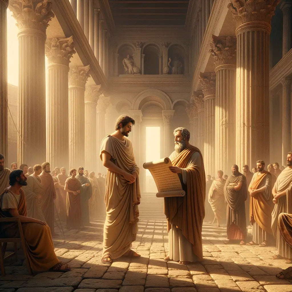Roman philosopher and Christian figure in dialogue at a forum, symbolizing the convergence of Stoicism and Christianity, inspired by 1960s historical epics.