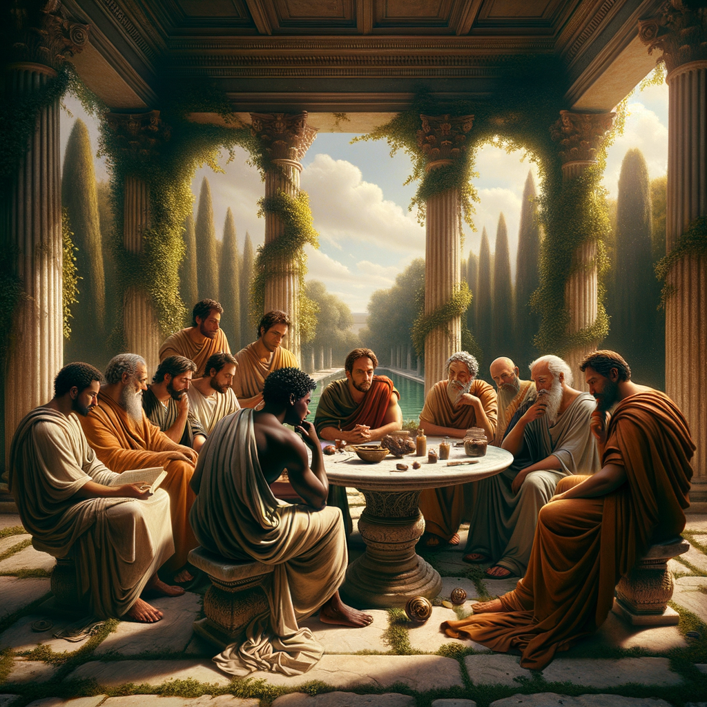 Ancient Stoic philosophers in contemplation with modern spiritual symbols, set in a Roman villa, inspired by classic 1960s historical films.