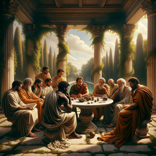 Ancient Stoic philosophers in contemplation with modern spiritual symbols, set in a Roman villa, inspired by classic 1960s historical films.