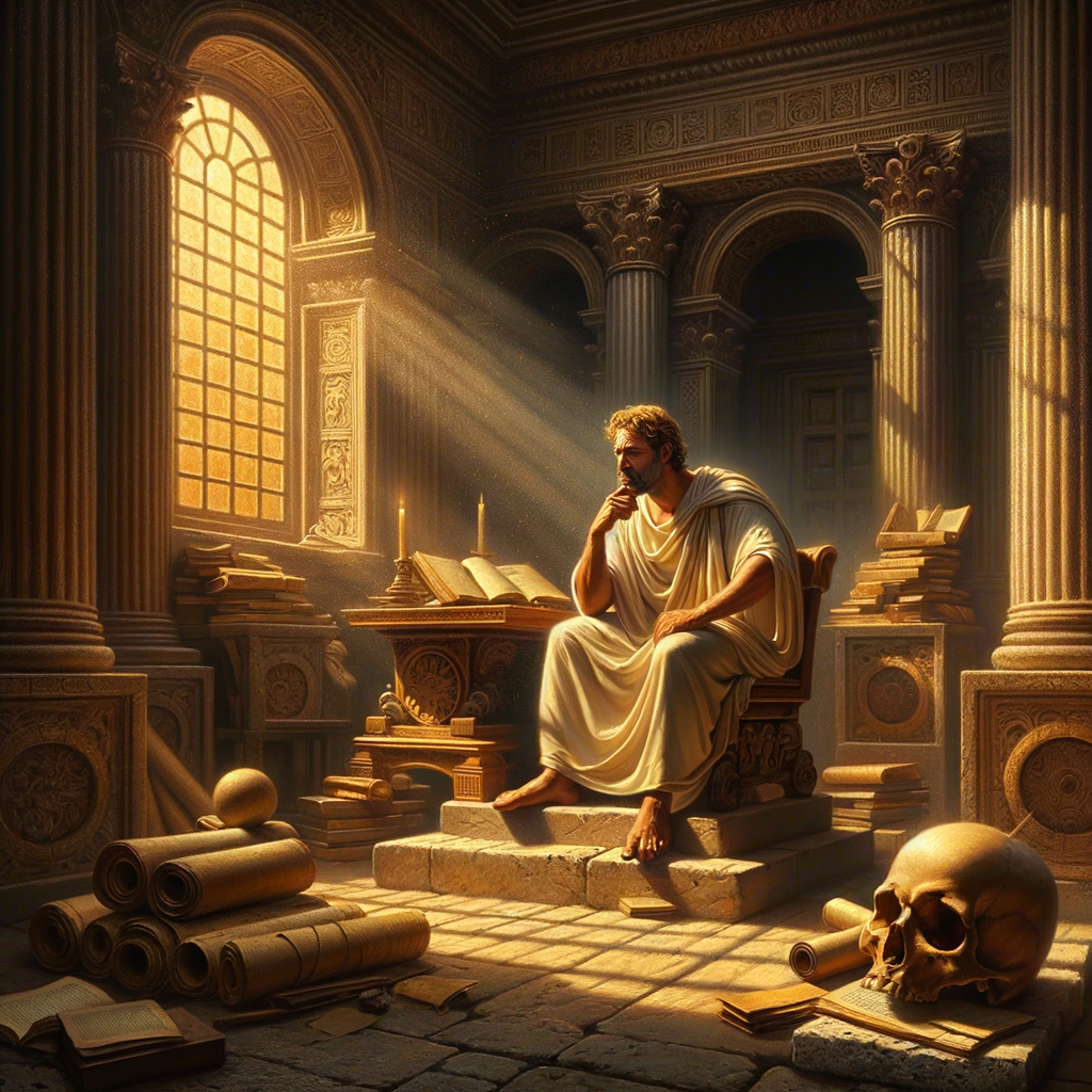 A stoic Roman philosopher in a toga sits in contemplation surrounded by scrolls, a skull, and a philosopher's portrait, set in an ancient Roman study with warm, golden sunlight.