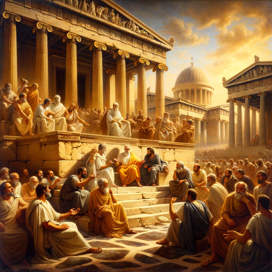 Ancient Athens scene with philosophers, including Zeno of Citium, in discussion, inspired by 1960s historical film style.