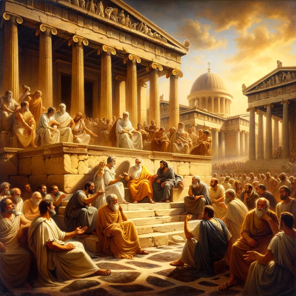 Ancient Athens scene with philosophers, including Zeno of Citium, in discussion, inspired by 1960s historical film style.