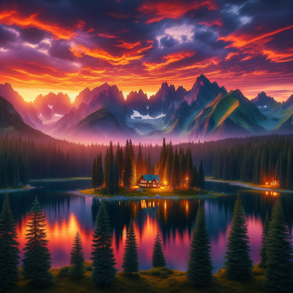 A picturesque sunset over a mountain lake with a cabin in the foreground