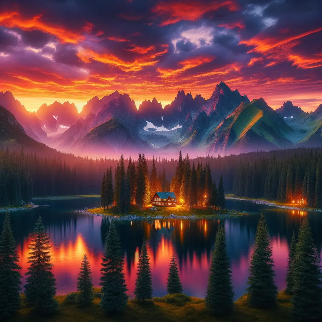 A picturesque sunset over a mountain lake with a cabin in the foreground