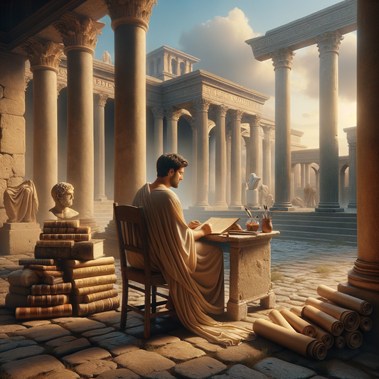 Donald Robertson in a thoughtful pose at the Roman Forum, surrounded by ancient scrolls and modern books, in a cinematic style reminiscent of 1960s historical epics.
