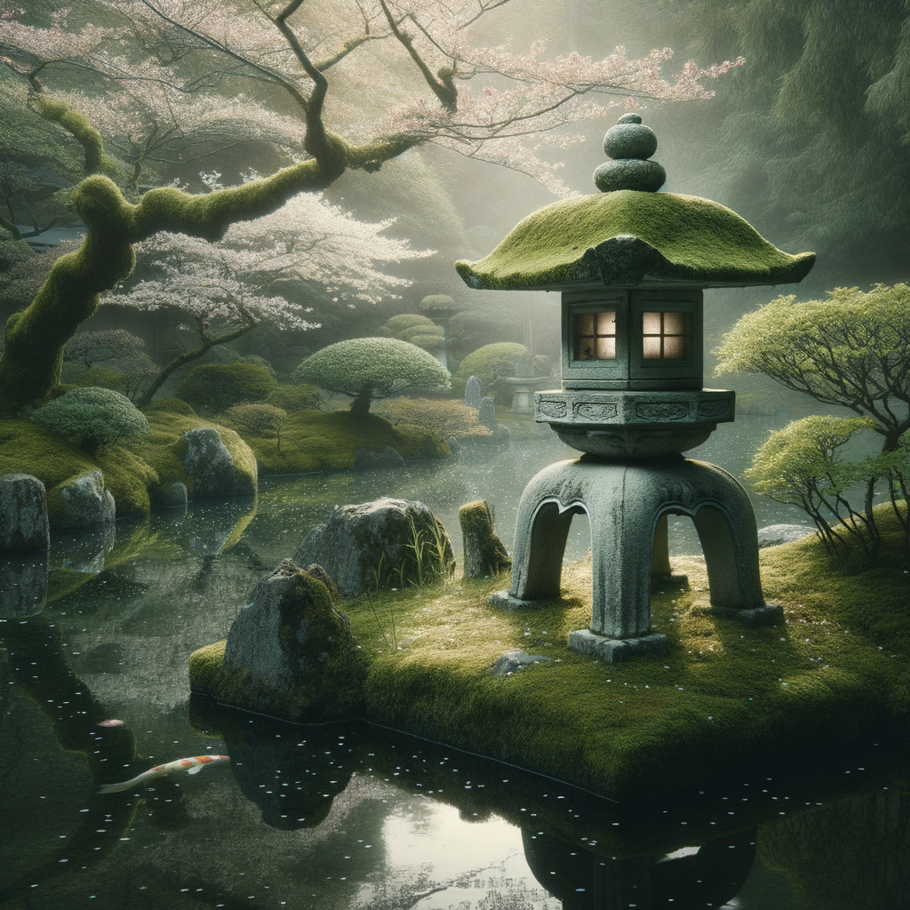 Ein stiller japanischer Garten mit einer bemoosten Steinlaterne und einem ruhigen Koi-Teich, sanft beleuchtet im Morgenlicht, minimalistisch und harmonisch.