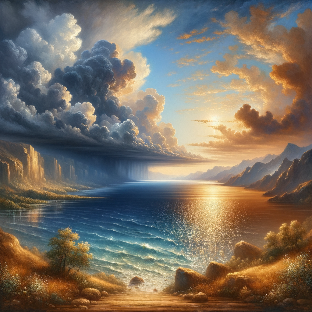 Serene lake amidst a stormy sea, symbolizing inner peace within chaos, in the style of 1960s historical film epics.