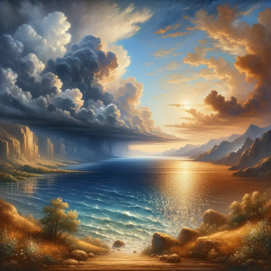 Serene lake amidst a stormy sea, symbolizing inner peace within chaos, in the style of 1960s historical film epics.