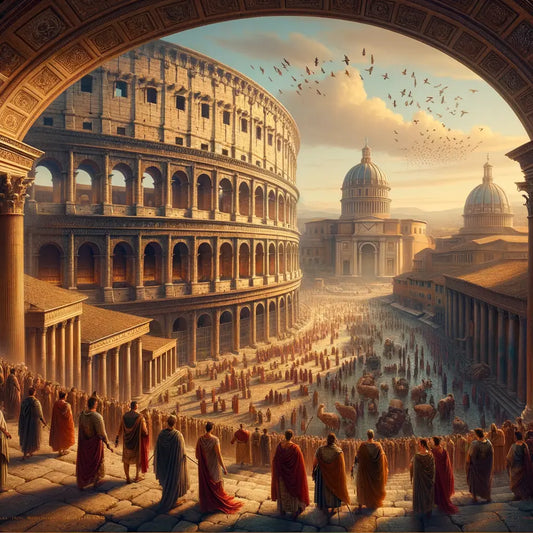 A cinematic painting of the Roman Colosseum and Pantheon, glowing in golden sunlight, with Roman citizens and soldiers, inspired by 1960s historical films.