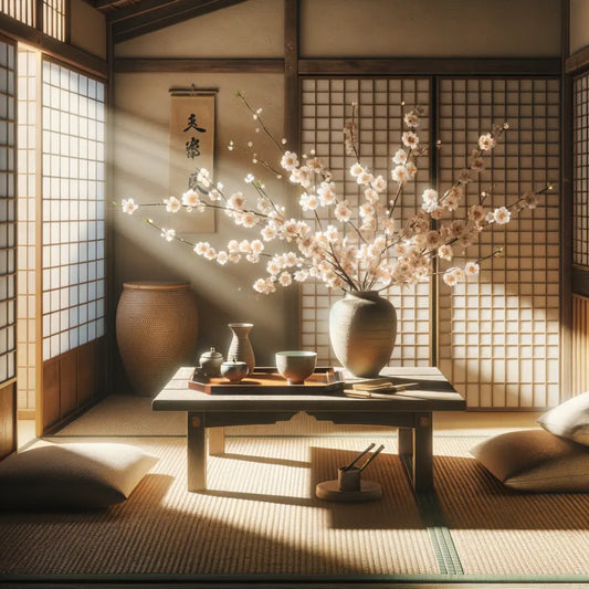 Ein ruhiges japanisches Zimmer mit sanftem Sonnenlicht, einem niedrigen Holztisch mit einem minimalistischen Teeservice und einem Kirschblütenzweig in einer Vase, strahlt eine zeitlose, kontemplative Atmosphäre aus.