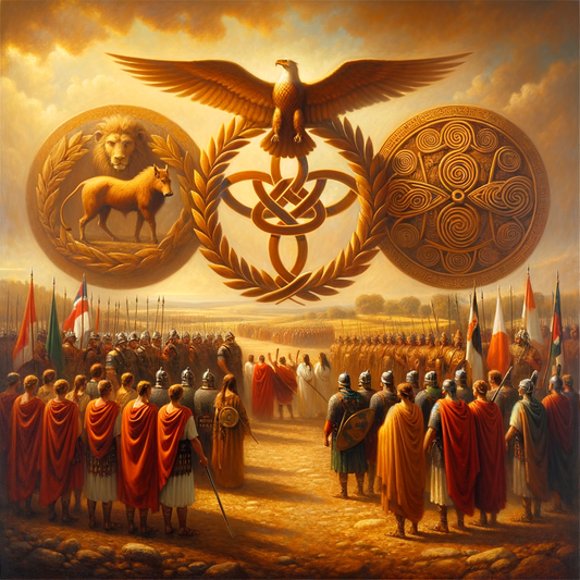 Roman and Gallic symbols intertwined in a historical setting, with figures from both cultures, inspired by 1960s epic film style.