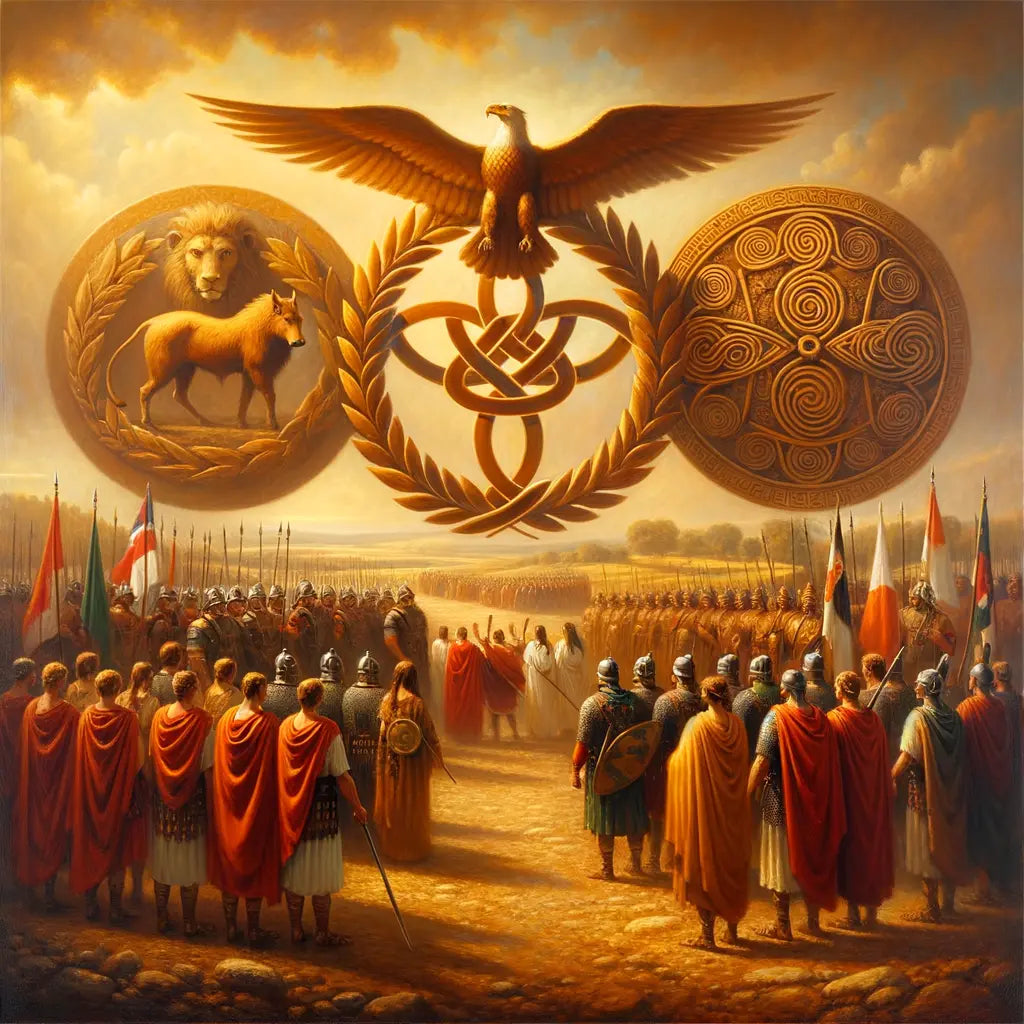 Roman and Gallic symbols intertwined in a historical setting, with figures from both cultures, inspired by 1960s epic film style.