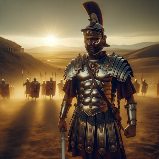 Roman legionary in Lorica Segmentata armor on a sunlit battlefield with a cinematic historical style.