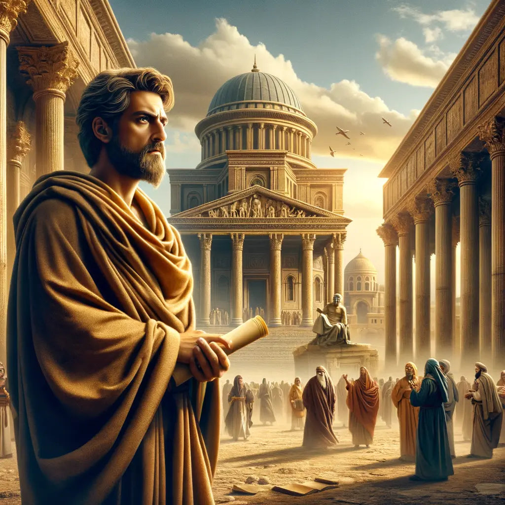 Marcus Aurelius as a stoic philosopher, standing amid ancient Rome's grandeur with the Roman Forum in the background, inspired by 1960s historical film aesthetics.